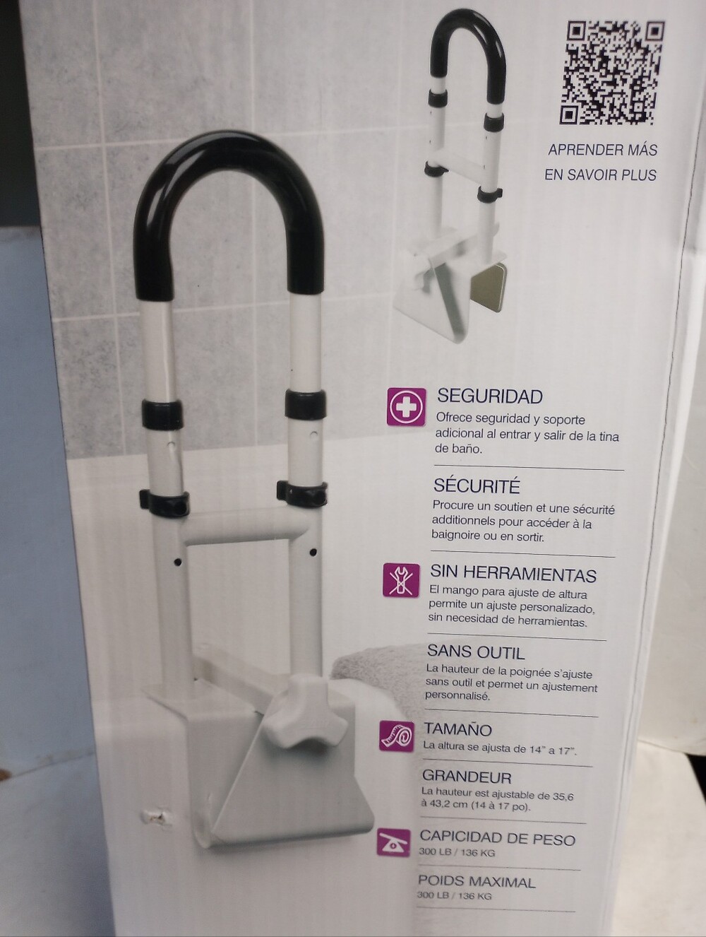 Drive Adjustable Bath Safety Grab Bar Handle - White and Black RTL12036-ADJ